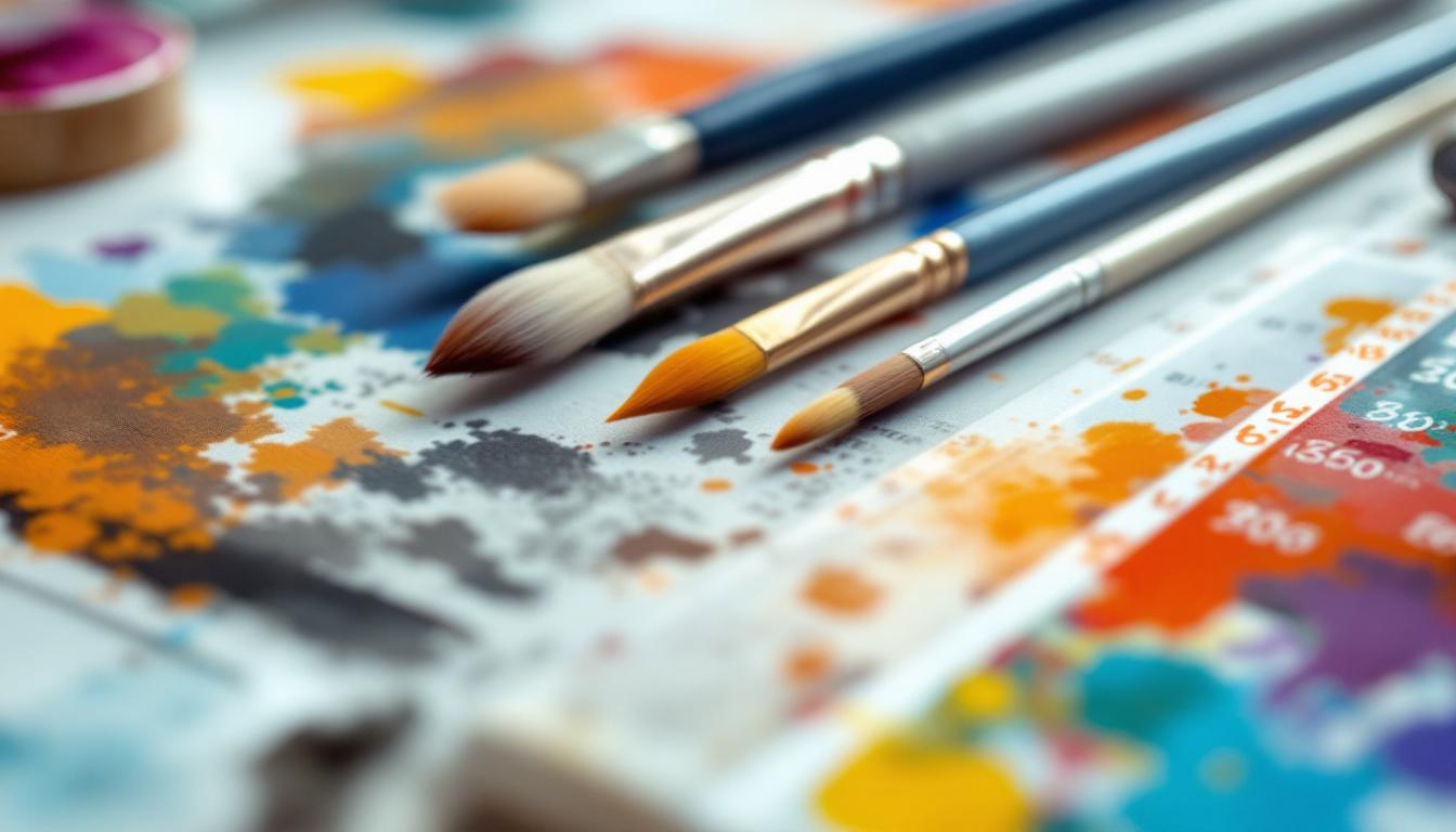 Professional paint-by-numbers workspace featuring various brush sizes arranged on a clean surface with paint containers and canvas, demonstrating proper brush selection and organization for optimal painting results