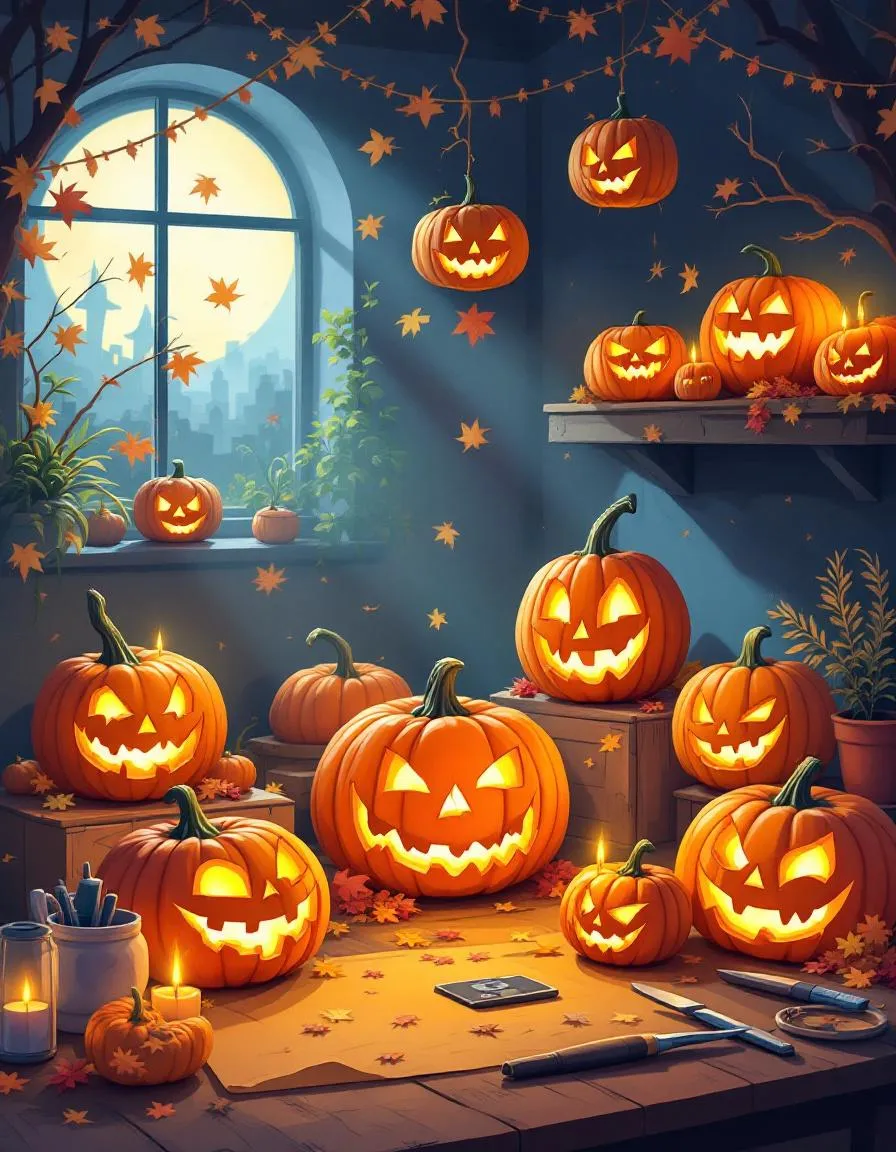 Cozy pumpkin carving workshop with various jack-o'-lanterns