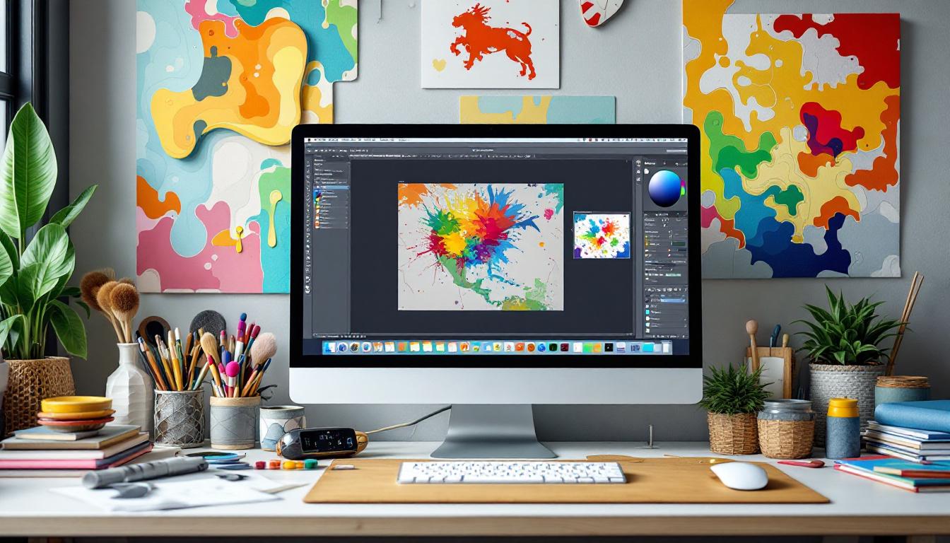 DIY workspace setup showing free software tools like GIMP for creating paint-by-numbers from photos