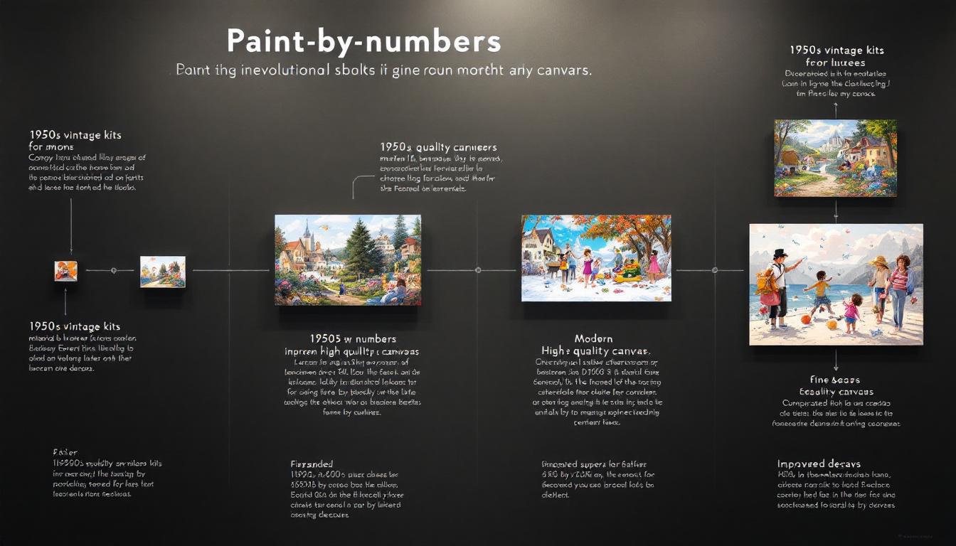 Visual timeline display showing the evolution of paint-by-numbers from 1950s vintage kits to modern high-quality canvases, demonstrating improved materials, finer details, and expanded subject matter over seven decades
