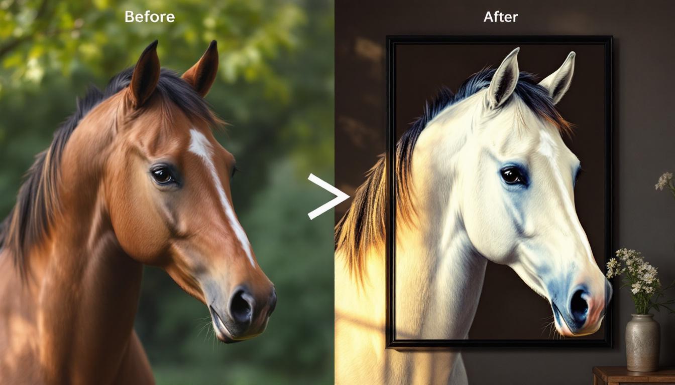 Example of Paintby.ai custom transformation process showing photograph converted to paint-by-numbers format for personalized equestrian art