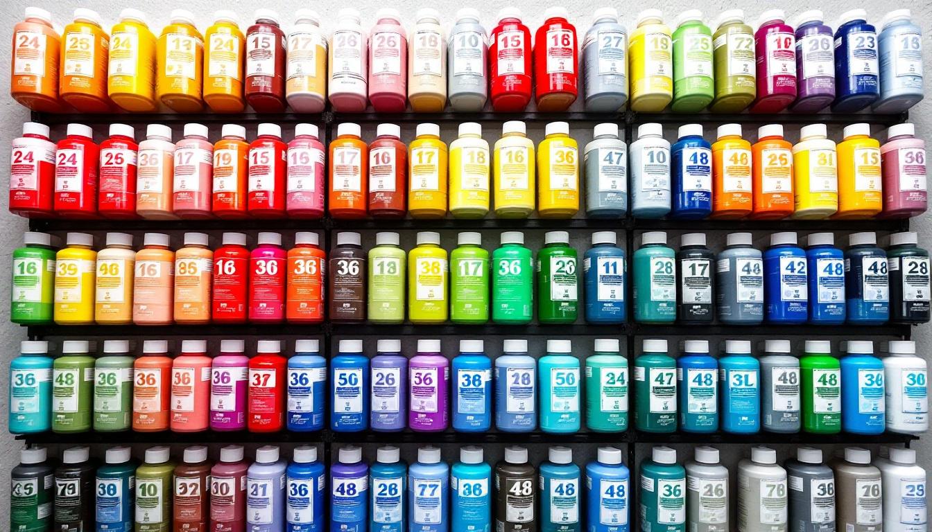 Organized paint bottles showing different color count options including 24, 36, and 48 color arrangements for paint-by-numbers kits