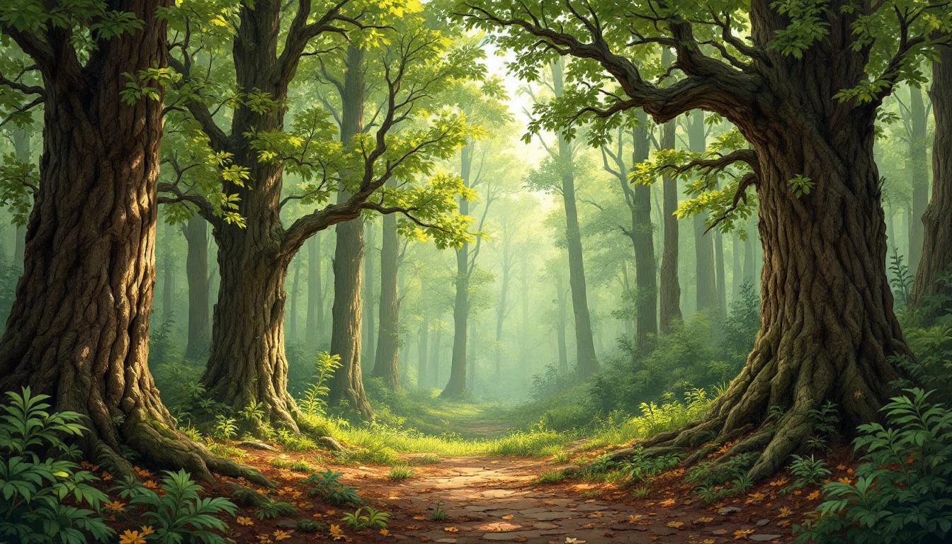 Detailed forest scene showing various tree textures and painting techniques for natural landscapes