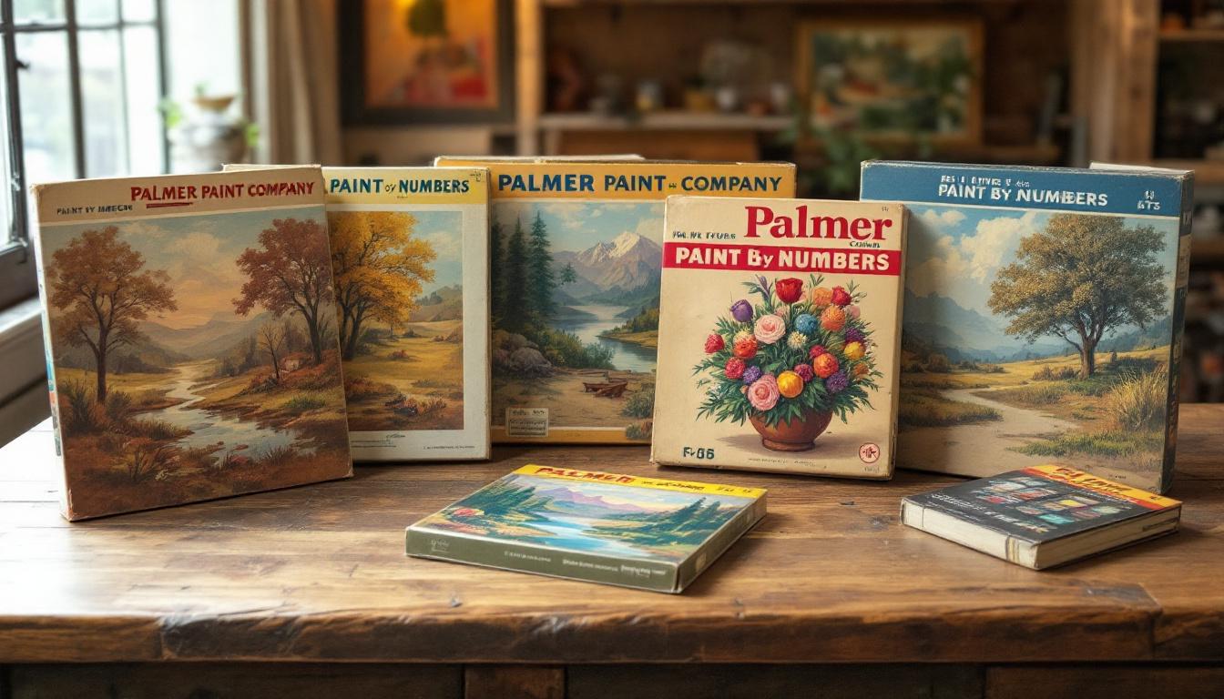 Authentic retro vintage paint by numbers kits from 1950s Palmer Paint Company collection