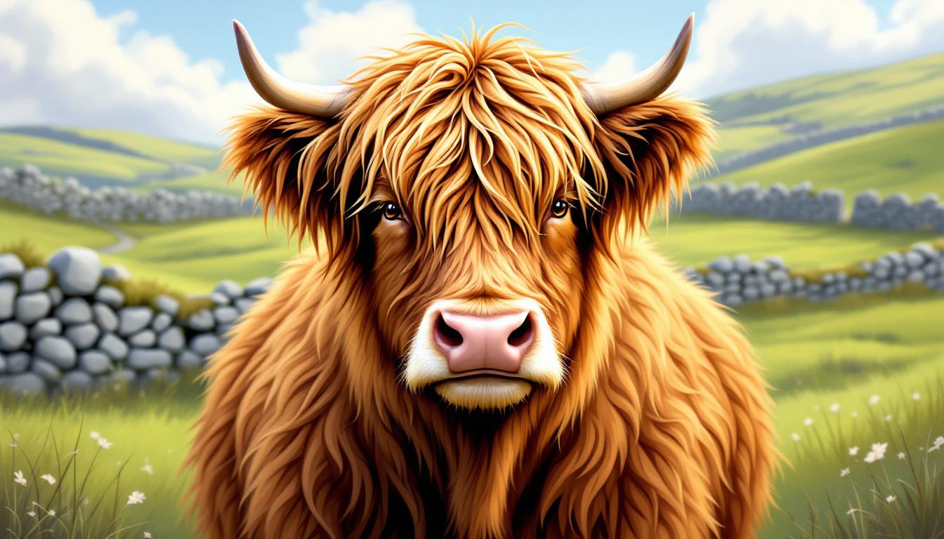 Scottish Highland cow with characteristic long shaggy hair in rustic meadow setting showing breed-specific features for farm animal painting