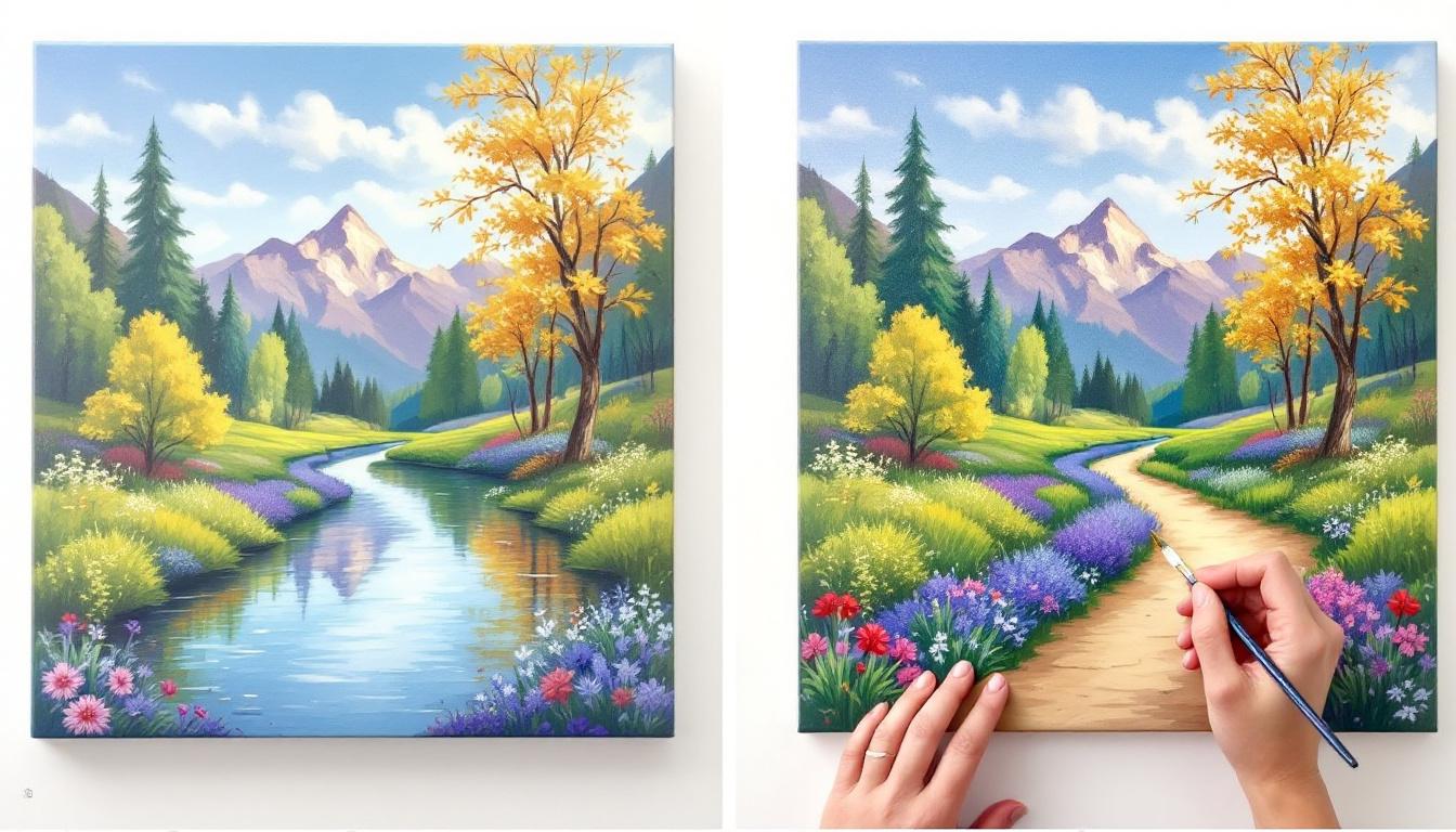 Educational tutorial showing hands painting numbered sections on canvas, demonstrating proper brush technique and paint application for beginners
