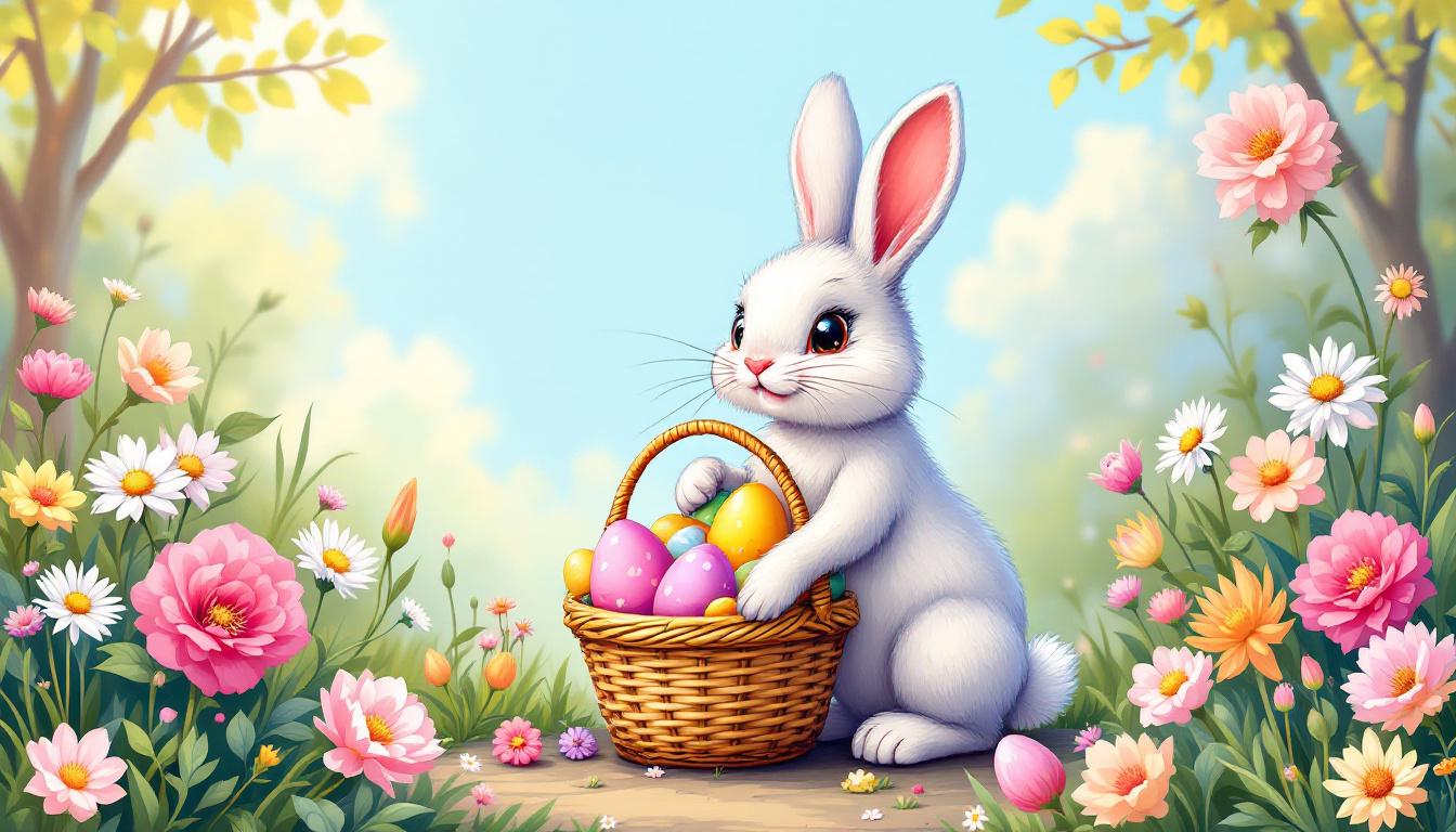 Easter bunny with spring flowers and Easter basket in paint-by-numbers style, perfect for holiday crafting