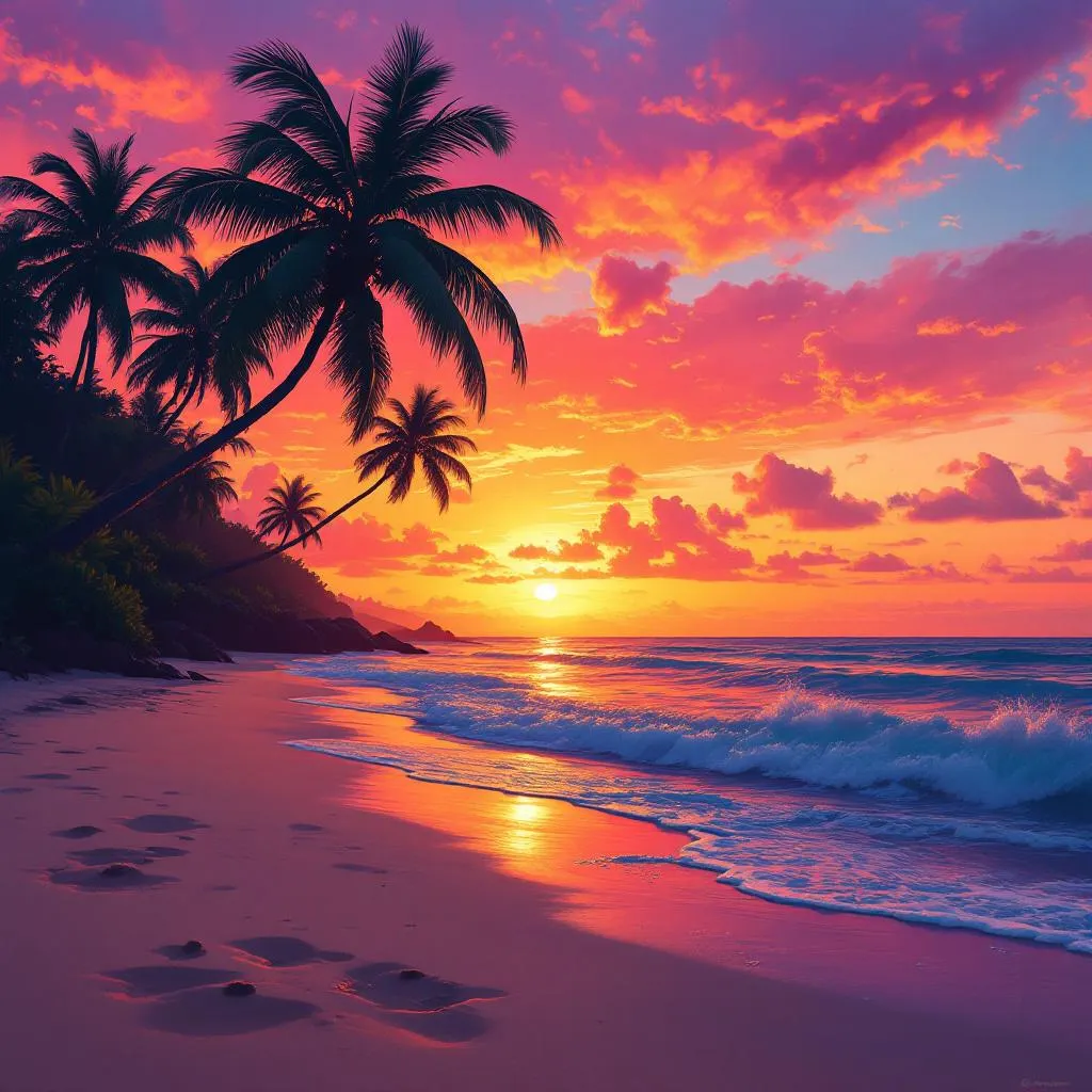 Tropical beach sunset with palm trees and vibrant sky - AI generated paint by numbers example