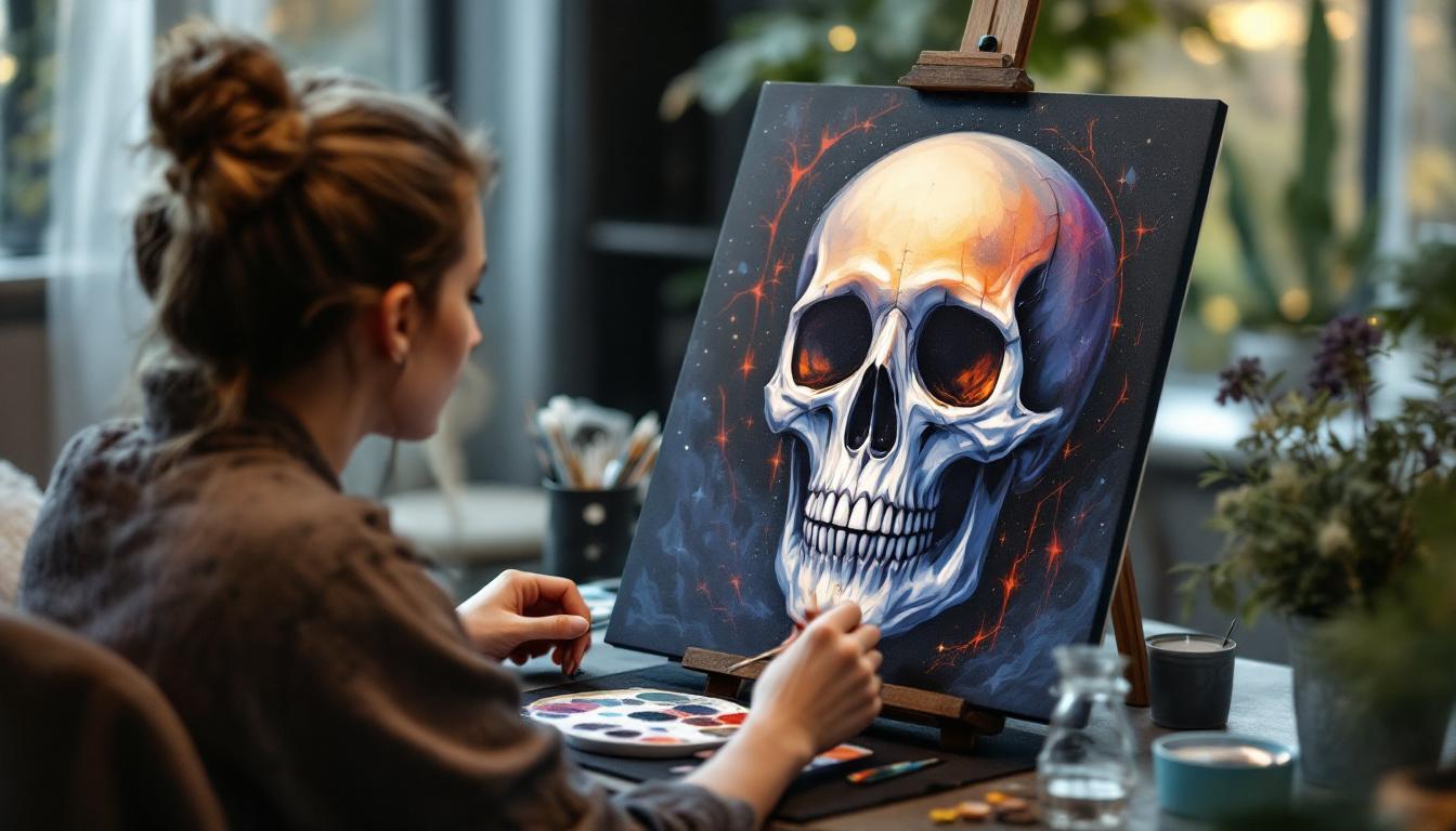 Art therapy session using skull gothic paint by numbers for emotional processing