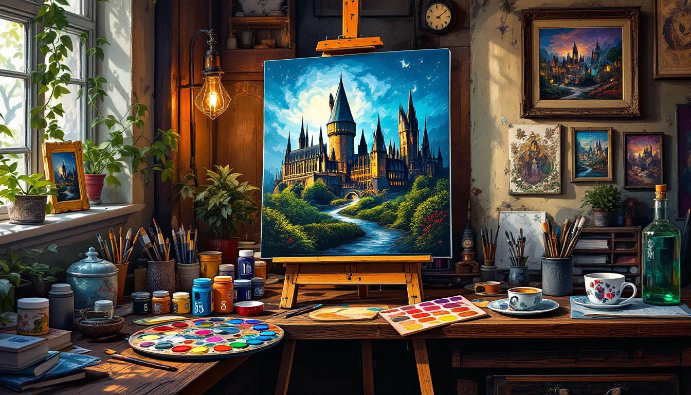 Paint-by-numbers style scene of an artist's workspace with Harry Potter themed painting supplies and magical art tools