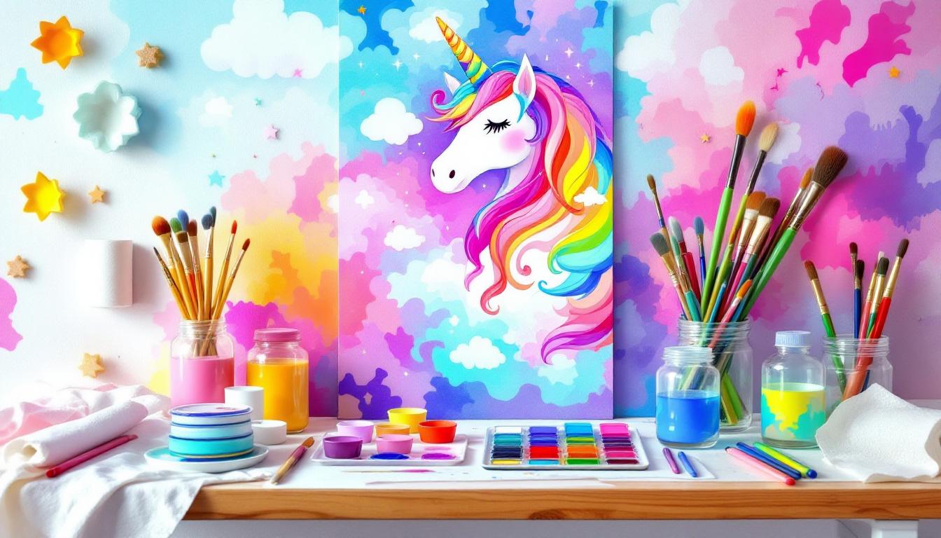 Organized unicorn paint by numbers workspace setup with brushes, paints, and good lighting