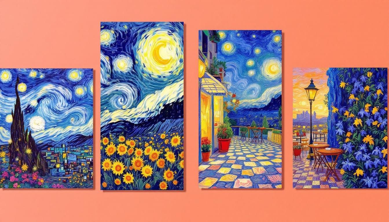 A collection of Van Gogh's masterpieces including The Bedroom, Café Terrace at Night, Irises, and Wheat Fields arranged in a paint-by-numbers style gallery display