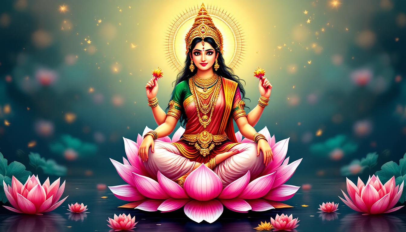 Beautiful paint-by-numbers representation of Hindu goddess Lakshmi with lotus flowers and traditional Indian artistic elements, perfect for spiritual and cultural art projects
