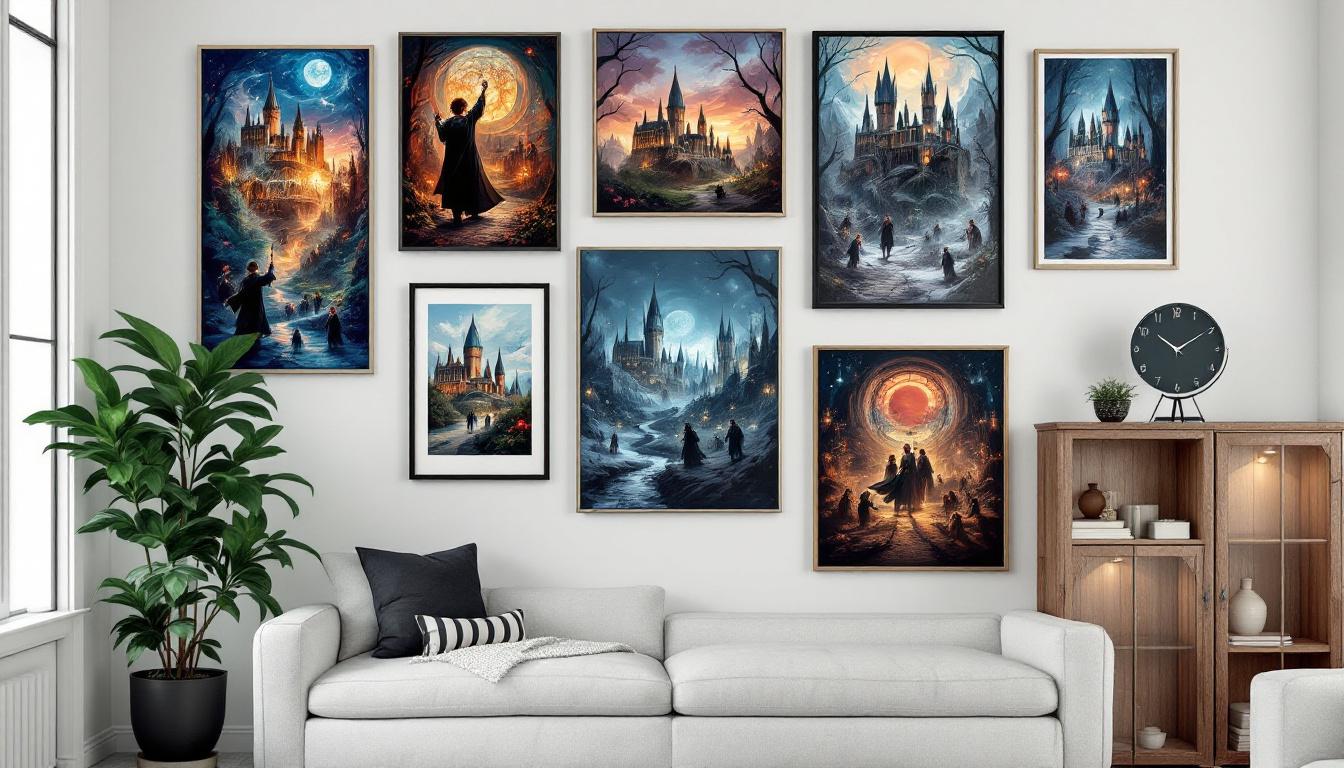 Paint-by-numbers style display of completed Harry Potter artwork arranged on a gallery wall in elegant home interior