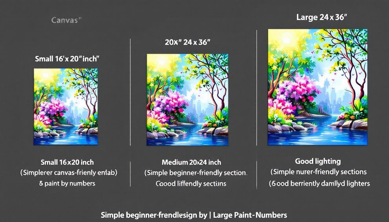 Visual comparison of different paint-by-numbers canvas sizes showing small, medium, and large options with clear numbered sections perfect for beginners