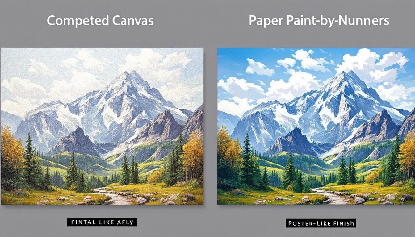 Side-by-side comparison of completed canvas paint-by-numbers with visible texture and gallery-worthy appearance next to paper paint-by-numbers with crisp clean edges