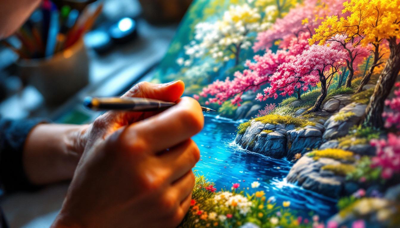 Professional artist using toothpicks, stylus, and micro-liner brushes for tiny details