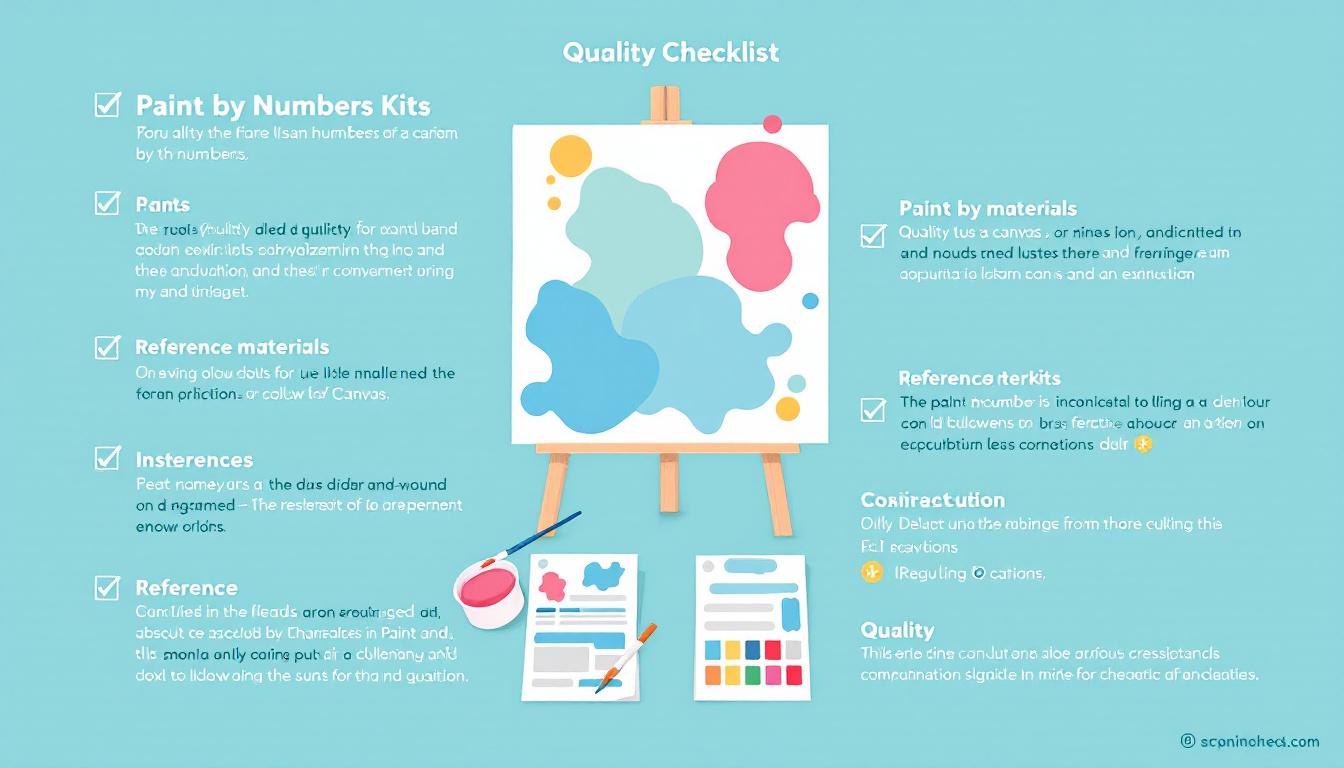 Quality checklist infographic for paint by numbers kits showing canvas surface, paint pots, brushes, and reference materials