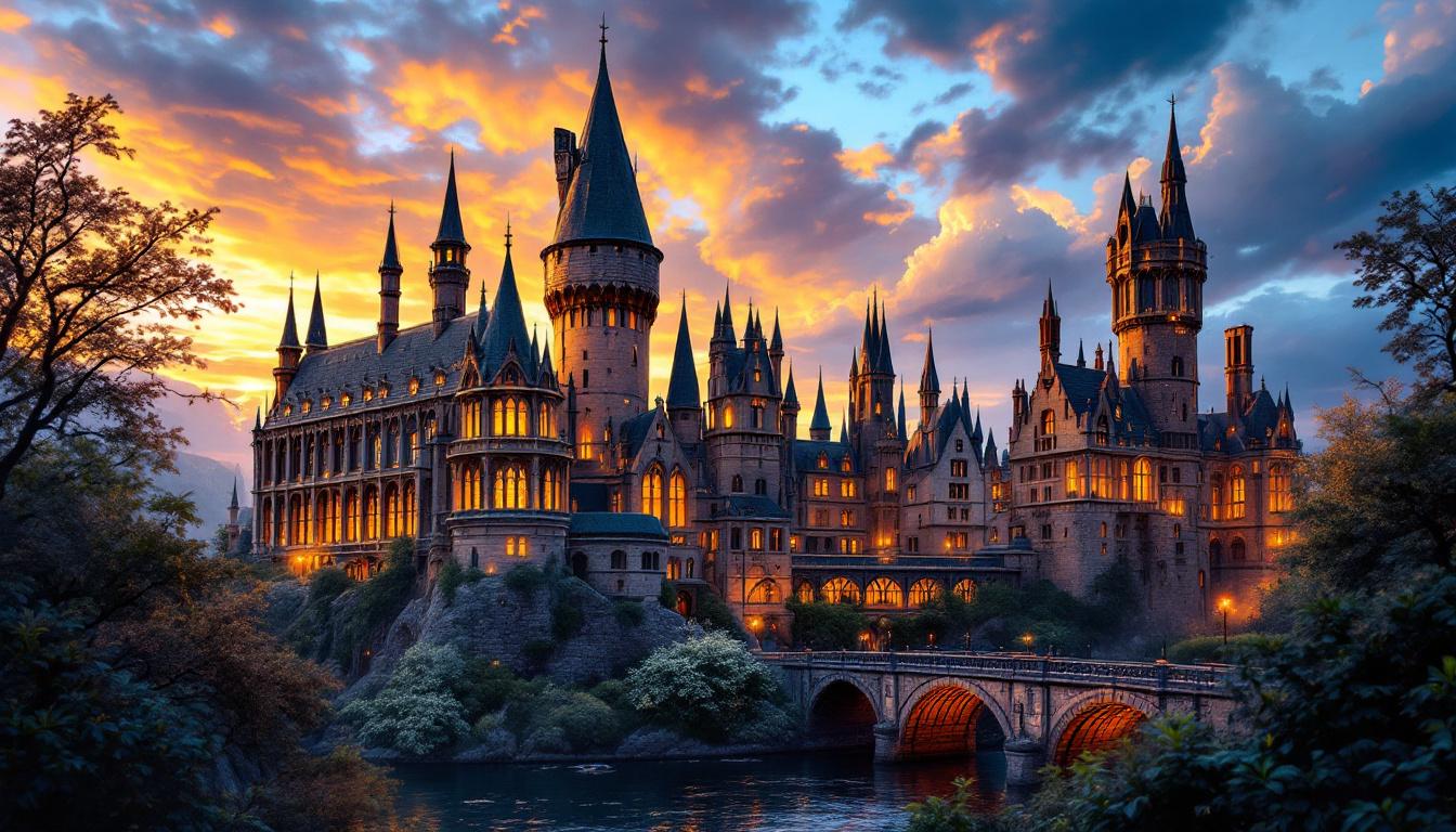 Magical paint-by-numbers style artwork of Hogwarts School of Witchcraft and Wizardry castle at sunset with clear defined sections