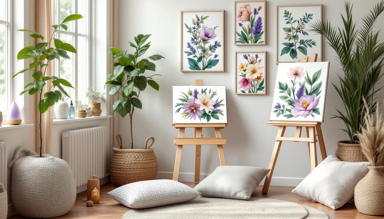 Peaceful therapeutic space for mindful floral painting with completed paint-by-numbers artworks, crystals, and botanical study materials