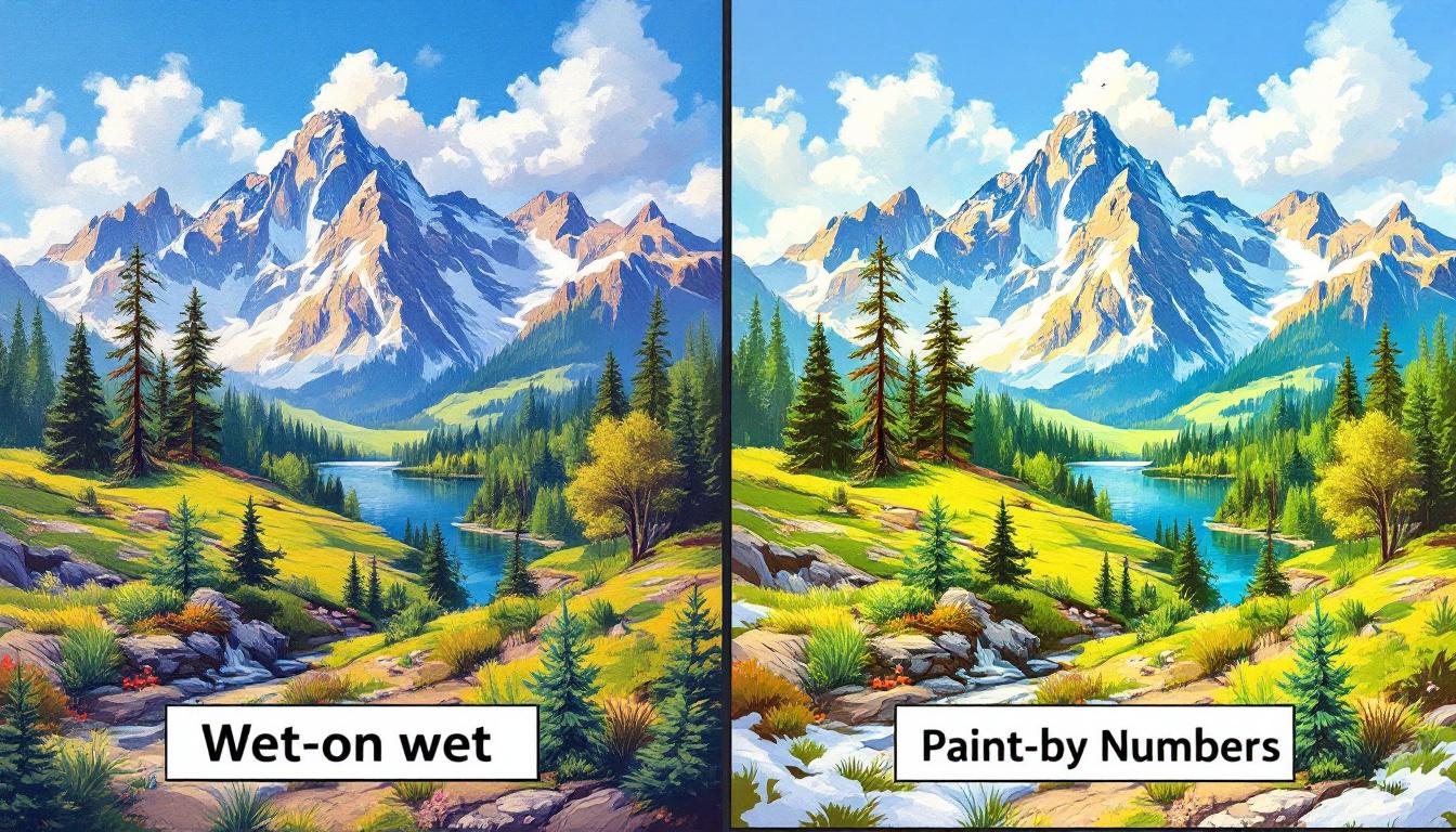 Bob Ross wet-on-wet painting technique compared to paint by numbers adaptation showing numbered sections