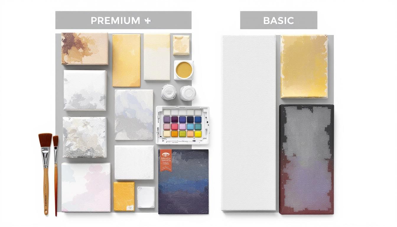 Educational display comparing premium vs basic paint-by-numbers supplies, showing canvas texture samples and brush quality details
