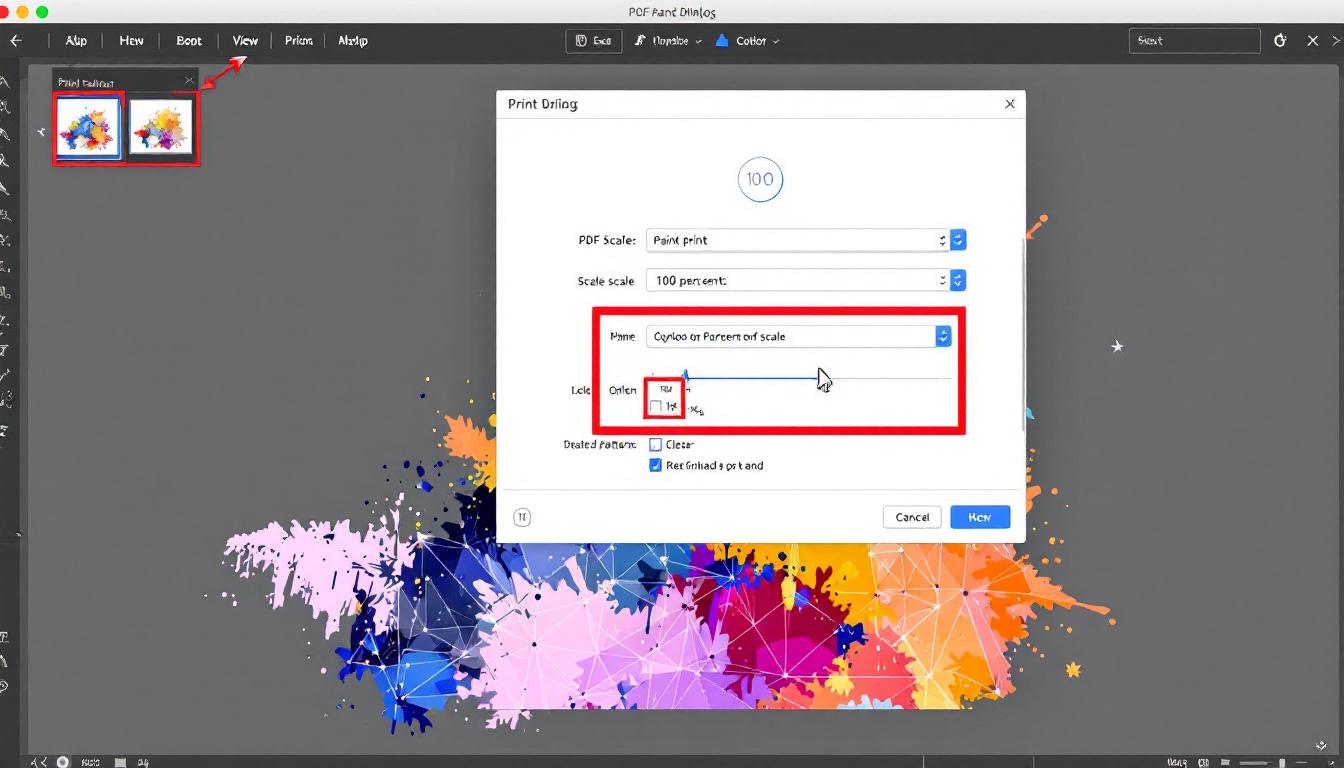 Computer screen showing PDF print dialog settings with 100 percent scale option highlighted for printable paint-by-numbers patterns