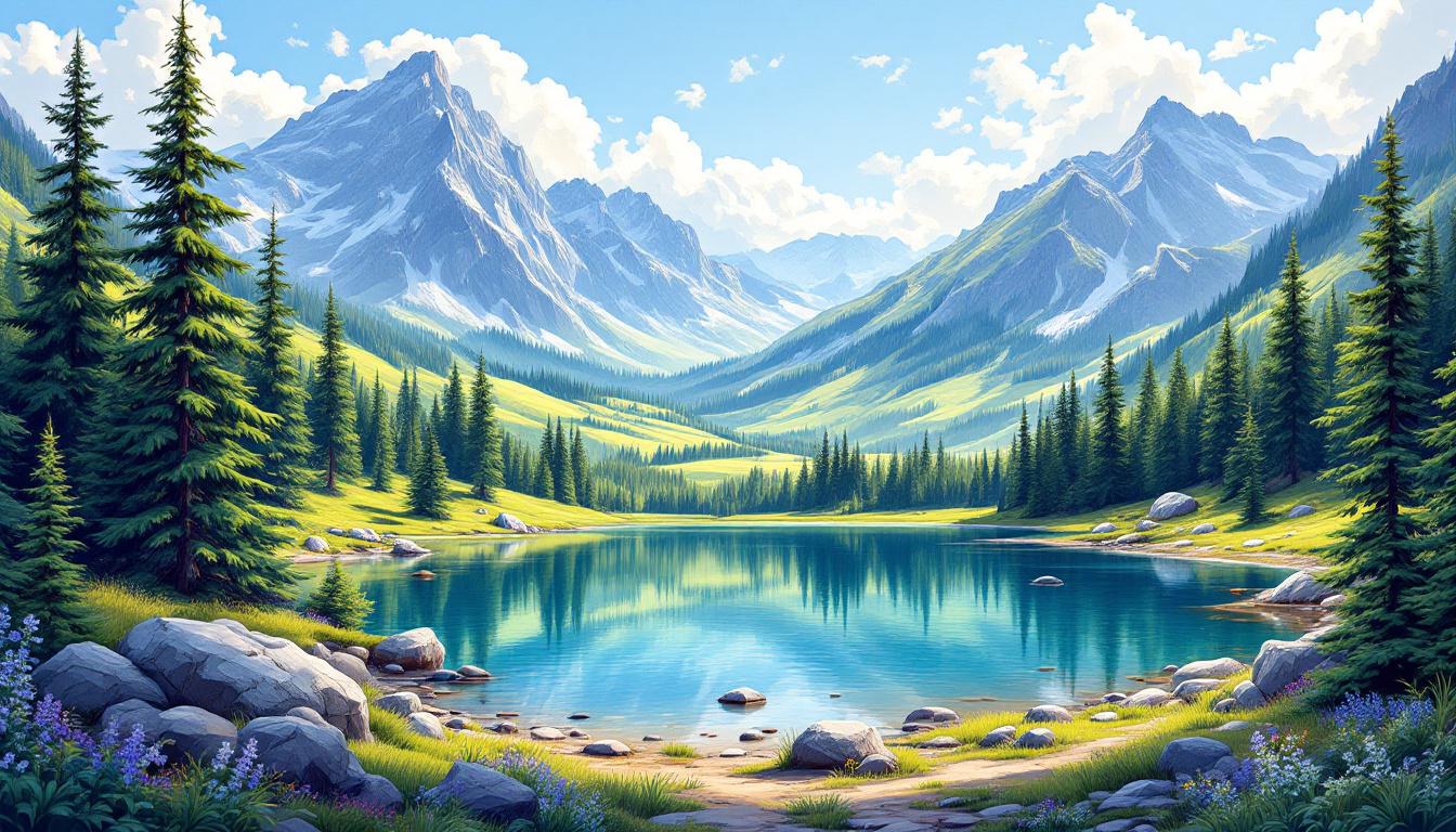 Serene mountain valley with crystal clear lake and evergreen trees perfect for beginner landscape painting