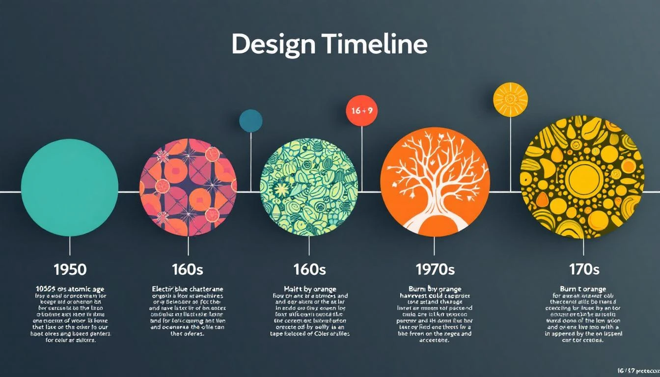 Vintage design evolution timeline 1950s to 1970s showing atomic age, pop art and organic pattern development in abstract paint by numbers