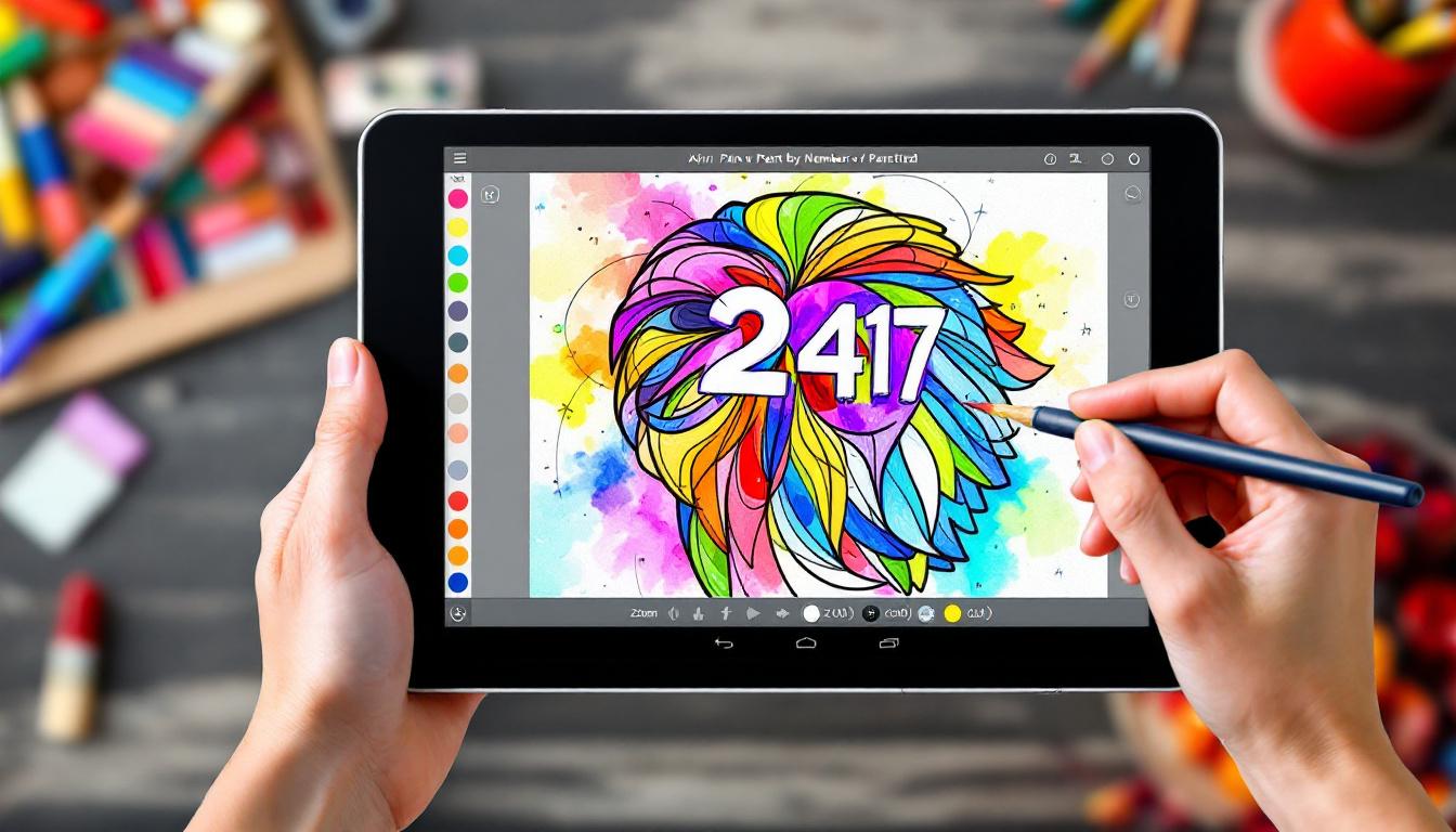 Digital paint-by-numbers app interface on tablet showing colorful painting experience