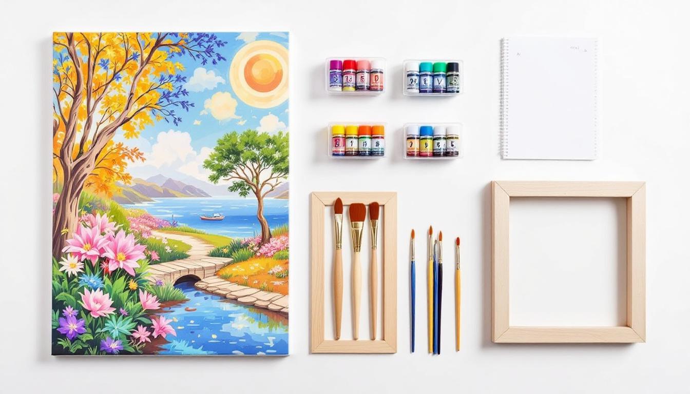 Paint-by-numbers kit contents laid out: canvas, paints, brushes, frame