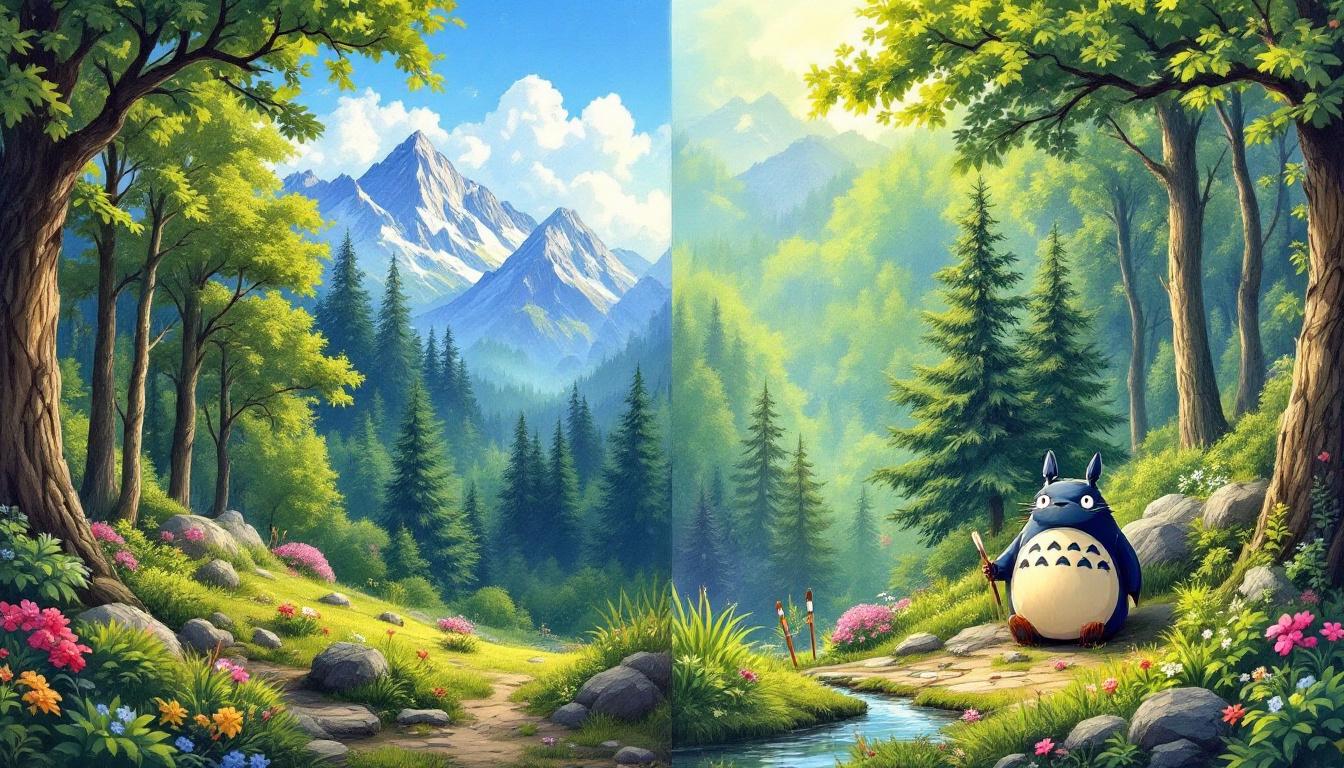 Bob Ross paint by numbers landscape next to Studio Ghibli paint by numbers featuring Totoro with art supplies
