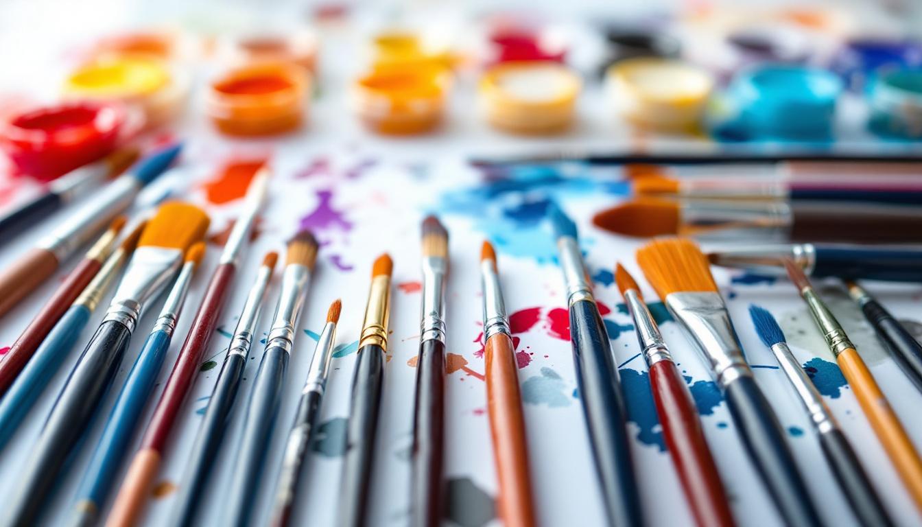 Professional paint brushes arranged on workspace showing different brush types: round, flat, liner, and detail brushes with numbered acrylic paints