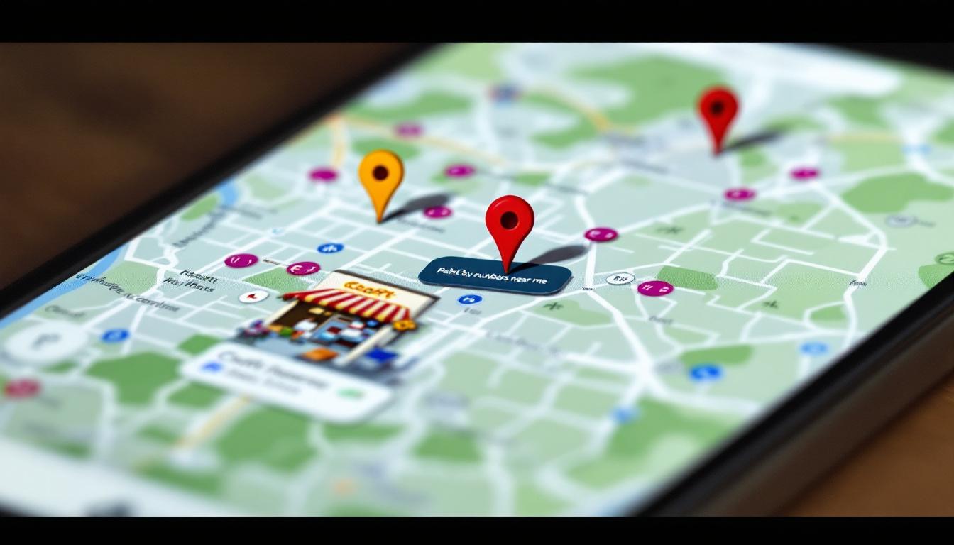 Map interface showing 'paint by numbers near me' search results with craft store locations for local shopping