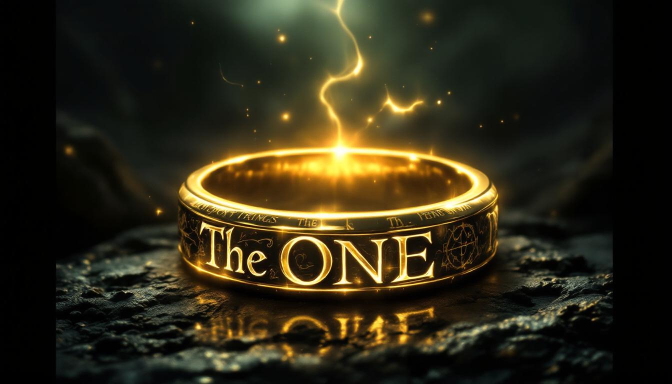 The One Ring with glowing elvish script, magical golden light emanating from the ring against dark atmospheric background with intricate details