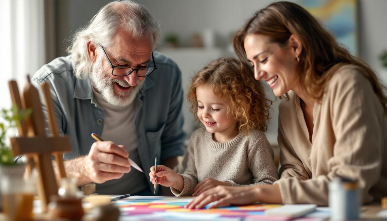 Christian family creating biblical paint-by-numbers art together for faith formation and bonding
