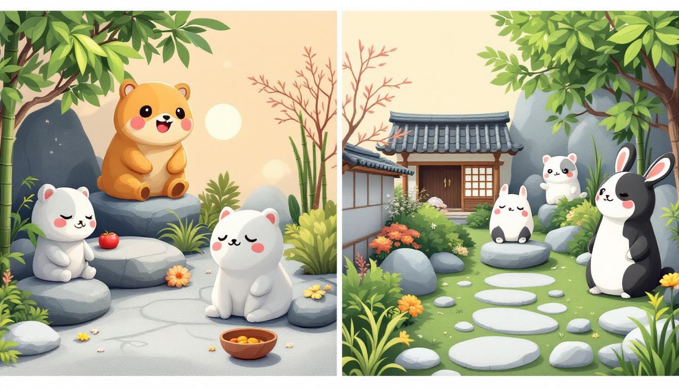 Comparison of traditional zen aesthetics with cute zen paint by numbers kawaii interpretation showing cultural bridge