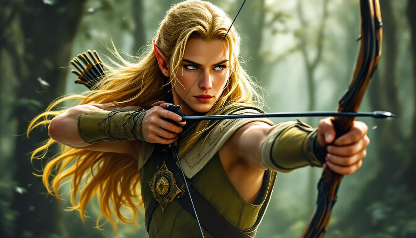 Legolas the elf archer with bow, flowing blonde hair, elven features in forest background with ethereal lighting and graceful heroic pose