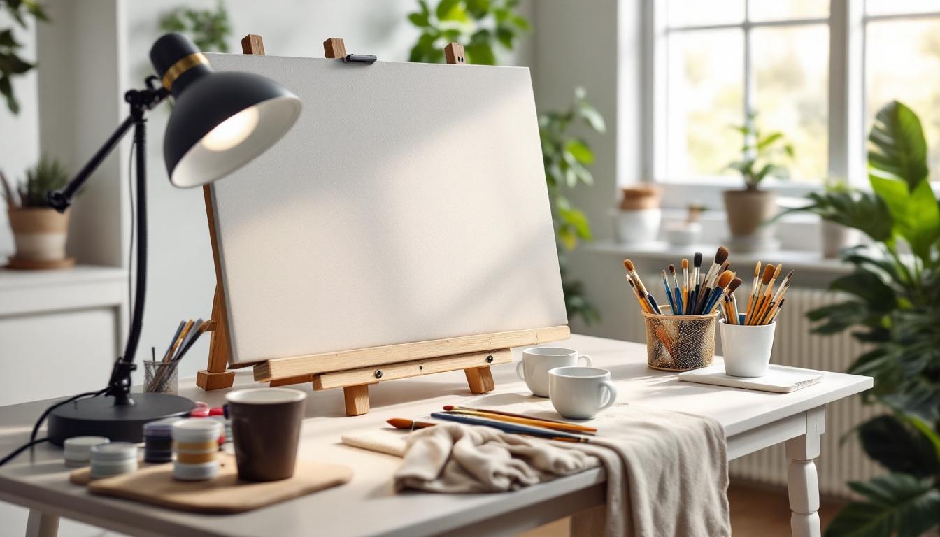 Paint-by-numbers workspace with mounted canvas and two water cups