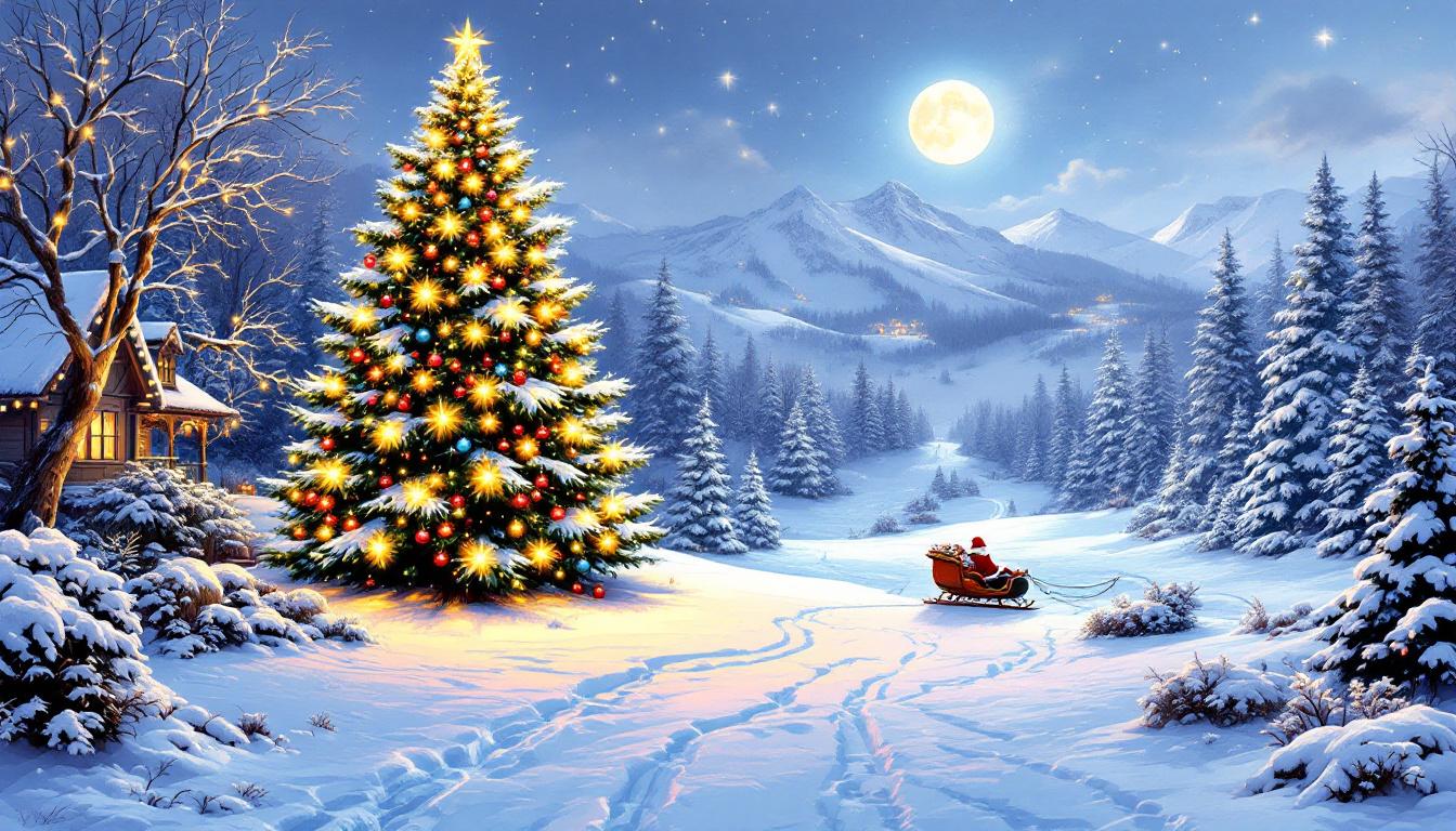 Christmas winter wonderland with decorated tree and snow-covered landscape in paint-by-numbers style
