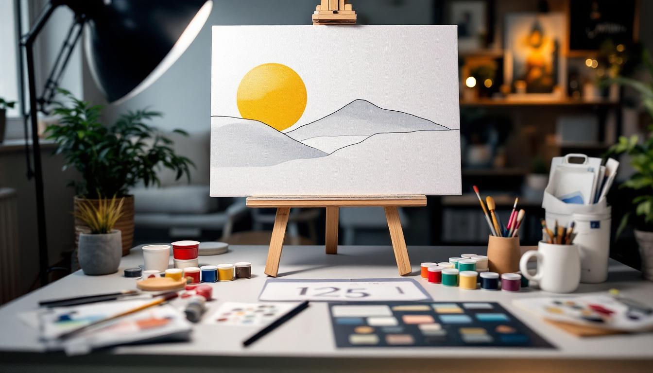 Well-organized beginner paint-by-numbers workspace showing 40x50cm canvas, 24 paint pots, brushes, and reference guide in good lighting