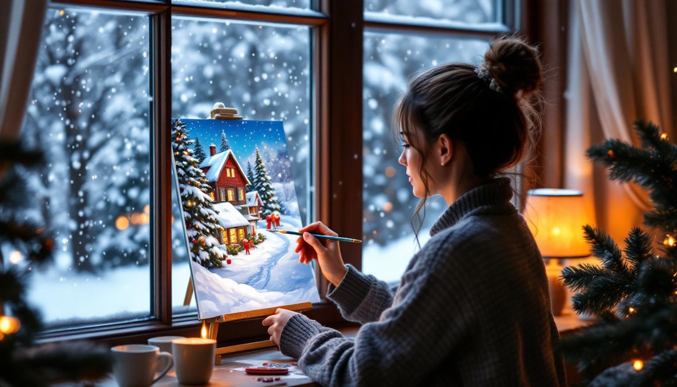 Person peacefully painting Christmas paint by numbers by window for holiday stress relief and relaxation