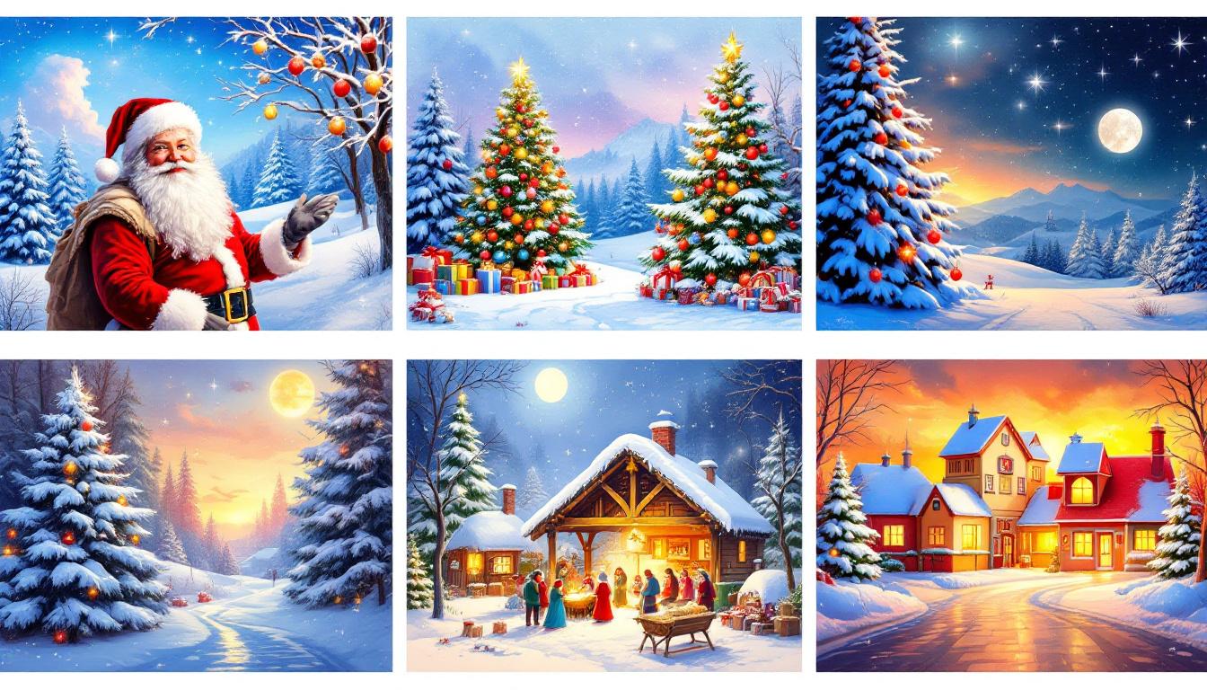 Collection of Christmas paint by numbers themes including Santa, winter landscapes and festive holiday scenes