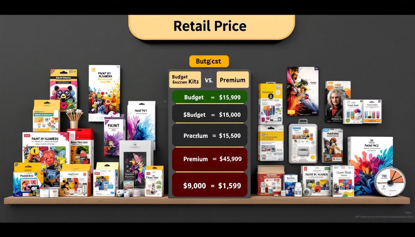 Retail price comparison display showing paint-by-numbers kits arranged by cost with visible price tags, demonstrating budget vs premium options