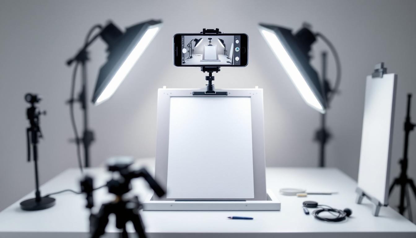 Professional smartphone setup with tripod, LED lighting, and diffusers for photographing paint-by-numbers artwork