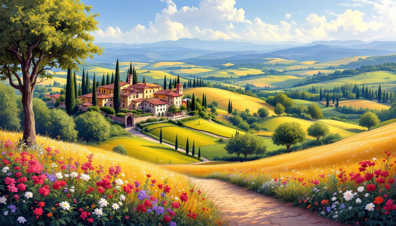 A scenic Tuscan countryside landscape with rolling hills, cypress trees, and traditional Italian villas perfect for paint-by-numbers enthusiasts