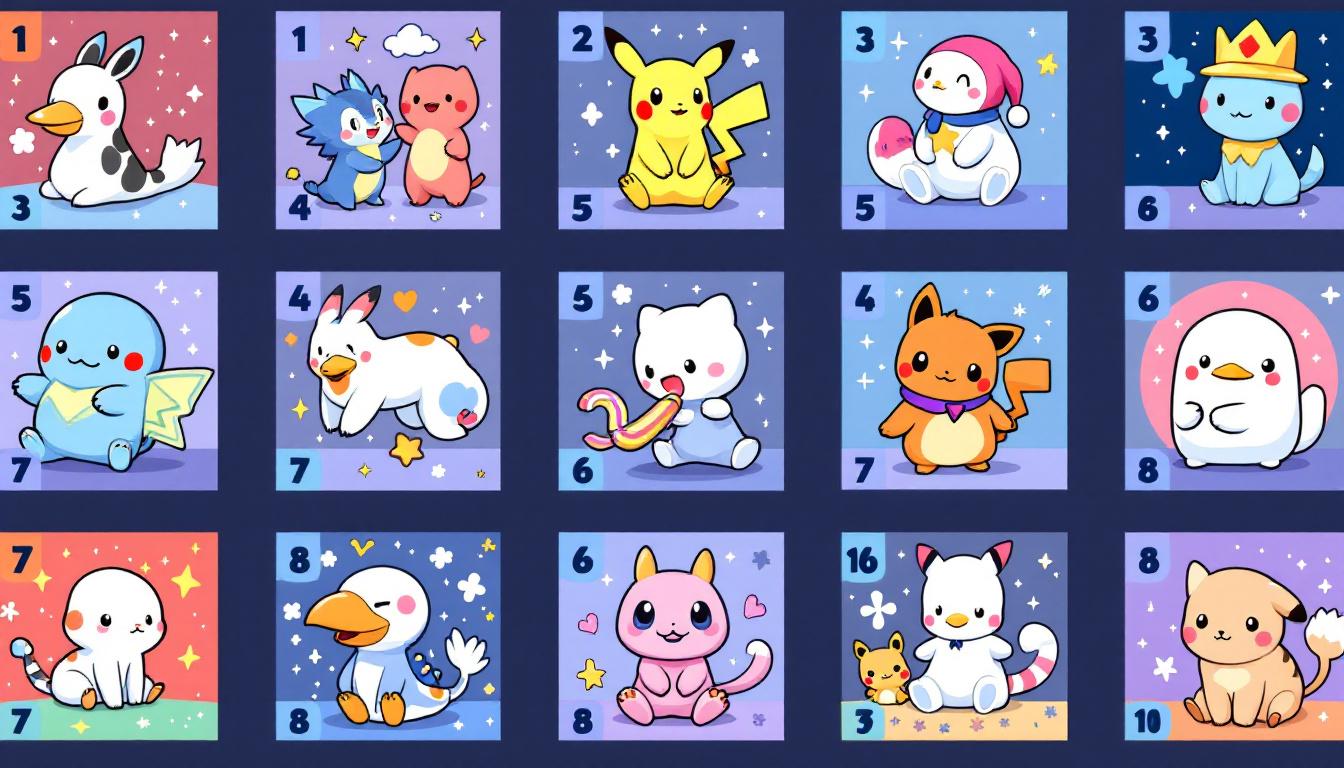 Collection of beginner-friendly anime designs including kawaii characters and Pokemon