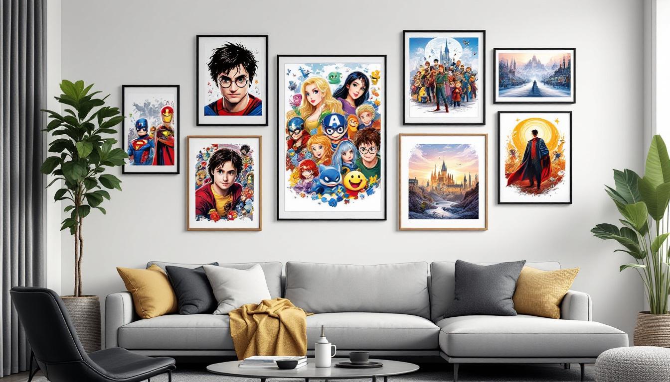 A stylish gallery wall display showing multiple framed fandom paint-by-numbers artworks including superhero characters, anime figures, Disney characters, and Harry Potter scenes professionally arranged