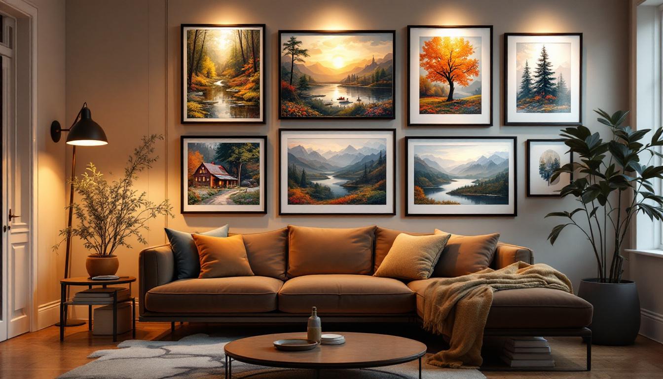 Beautiful gallery wall display featuring multiple framed paint-by-numbers artworks creating an elegant home decor arrangement