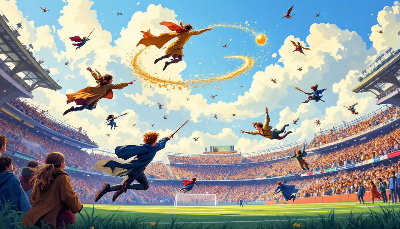 Paint-by-numbers style Quidditch match scene with players flying on broomsticks and golden snitch in dynamic action